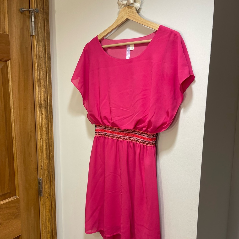 ALYA | BRIGHT PINK PULLOVER SHEER OVERLAY DRESS W/NEON COLORFUL WAIST | SIZE S
